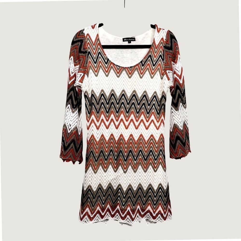 Mechant Tunic Dress Womens S White Brown Zig Zag Crochet Knit Bell Sleeve Boho